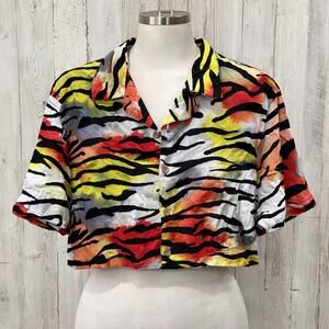 New Ed Hardy Tiger Rainbow Stripe Cropped Button Up Shirt Medium Grunge Punk Y2K